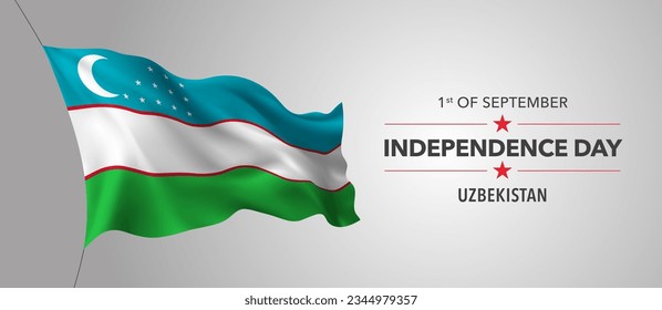 Tarjeta de saludo del Día de la Independencia de Uzbekistán, pancarta con ilustraciones vectoriales de texto de plantilla. Fiesta conmemorativa uzbeka elemento de diseño del 1 de setiembre con bandera 3D con rayas