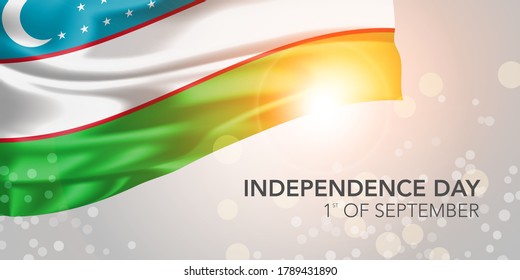 Uzbekistan happy independence day vector banner, greeting card. Uzbek realistic wavy flag in 1st of September national patriotic holiday horizontal design
