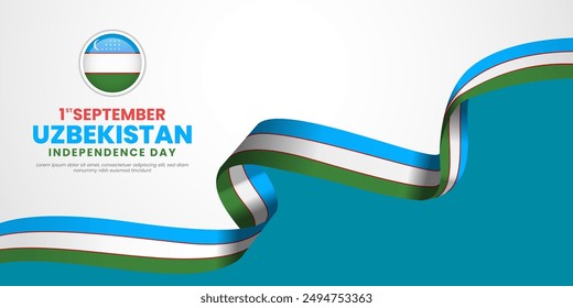 Uzbekistan Independence Day 1 September with waving flags copy space background