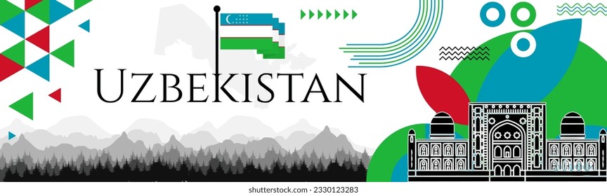 Uzbekistan Independence Day abstract banner design with flag and map. Flag color theme geometric pattern retro modern Illustration design. Blue, Green and Red flag color template.