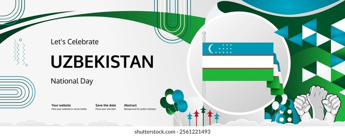 Uzbekistan Independence Day greeting banner concept. September 1st is celebrated as Uzbekistan National Day. Creative template with flag and raised fist, Perfect for National holiday poster.