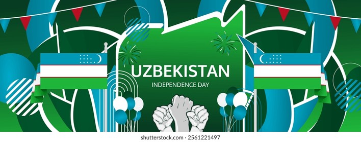 Uzbekistan Independence Day greeting banner concept. September 1st is celebrated as Uzbekistan National Day. Creative template with flag and raised fist, Perfect for National holiday poster.