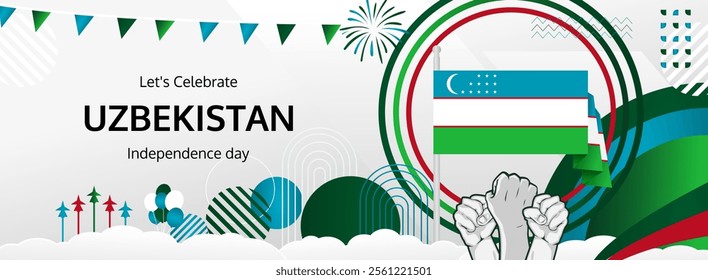 Uzbekistan Independence Day greeting banner concept. September 1st is celebrated as Uzbekistan National Day. Creative template with flag and raised fist, Perfect for National holiday poster.