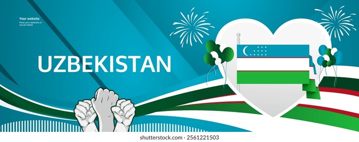 Uzbekistan Independence Day greeting banner concept. September 1st is celebrated as Uzbekistan National Day. Creative template with flag and raised fist, Perfect for National holiday poster.