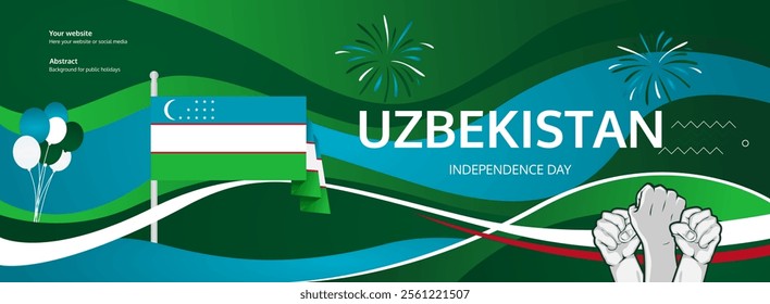 Uzbekistan Independence Day greeting banner concept. September 1st is celebrated as Uzbekistan National Day. Creative template with flag and raised fist, Perfect for National holiday poster.