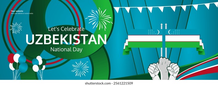 Uzbekistan Independence Day greeting banner concept. September 1st is celebrated as Uzbekistan National Day. Creative template with flag and raised fist, Perfect for National holiday poster.