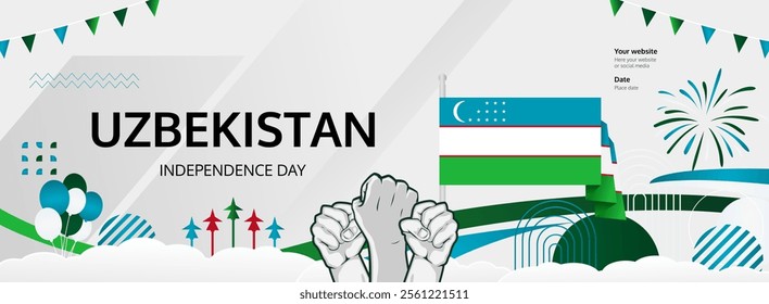 Uzbekistan Independence Day greeting banner concept. September 1st is celebrated as Uzbekistan National Day. Creative template with flag and raised fist, Perfect for National holiday poster.