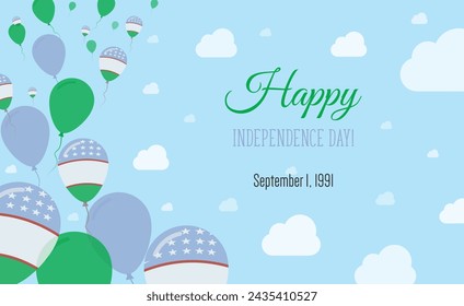 Uzbekistan Independence Day Sparkling Patriotic Poster. Row of Balloons in Colors of the Uzbekistani Flag. Greeting Card with National Flags, Blue Skyes and Clouds.