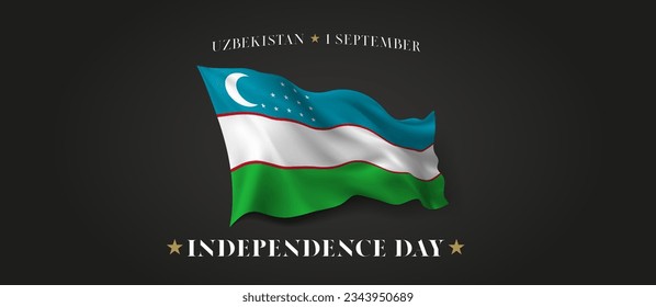 Uzbekistan independence day vector banner, greeting card. Uzbek wavy flag in 1st of September patriotic holiday horizontal design with realistic flag