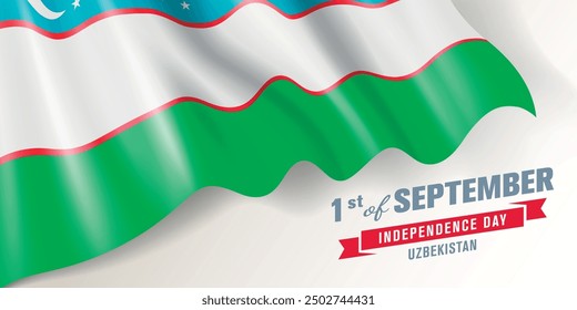 Uzbekistan independence day vector banner, greeting card. Uzbek wavy flag in 1st of September national patriotic holiday horizontal design