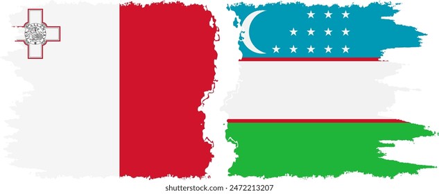 Uzbekistan and Malta grunge flags connection, vector