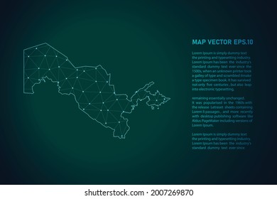 Mapa de uzbekistán. Resumen de la línea de purga y las escalas de puntos en el fondo oscuro. Línea de red poligonal de malla 3D, esfera de diseño, punto y estructura. Ilustración vectorial eps 10.