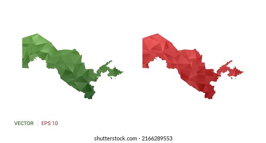 Uzbekistan map of abstract vector polygon set couple color green and red.