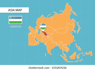 Uzbekistan map in Asia, icons showing Uzbekistan location and flags.