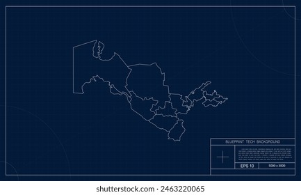 Uzbekistan Map with Blueprint Tech Style Background.