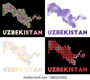 Uzbekistan map. Collection of maps of Uzbekistan in dotted style. Borders of the country filled with rectangles for your design. Vector illustration.
