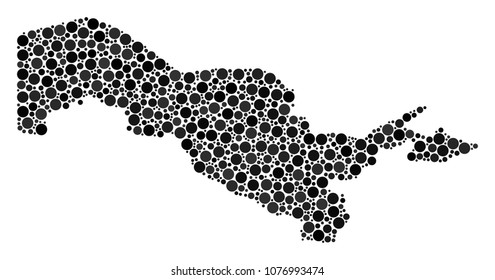 Uzbekistan Map composition of filled circles in various sizes. Randomized circle elements are composed into Uzbekistan Map illustration. Vector geography map vector illustration.