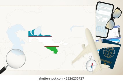 Usbekistan Karte und Flagge, Frachtflugzeug auf der detaillierten Karte Usbekistans mit Flagge, Reisepass, Lupe und Flugzeug. Vektorvorlage.
