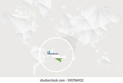 Uzbekistan map with flag in contour on white polygonal World Map. Vector Illustration.