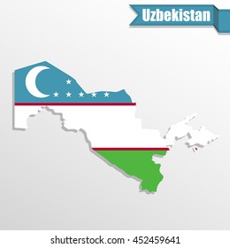 Uzbekistan map with flag inside and ribbon