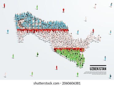 Uzbekistan Map and Flag. A large group of people in the Uzbekistan flag color form to create the map. Vector Illustration.