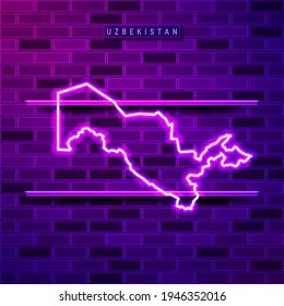 Uzbekistan map glowing neon lamp sign. Realistic vector illustration. Country name plate. Purple brick wall, violet glow, metal holders.