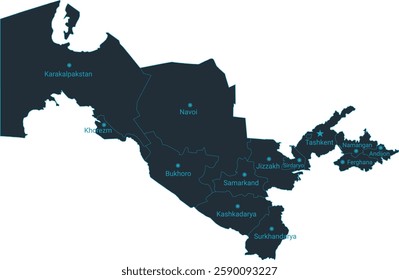 Uzbekistan map high detailed with administrative divide by state, capital cities names, outline simplicity style. Vector illustration EPS10.