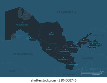 Uzbekistan map. High detailed map of Uzbekistan with countries, borders, cities, water objects. Vector illustration eps10