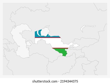 Uzbekistan map highlighted in Uzbekistan flag colors, gray map with neighboring countries.
