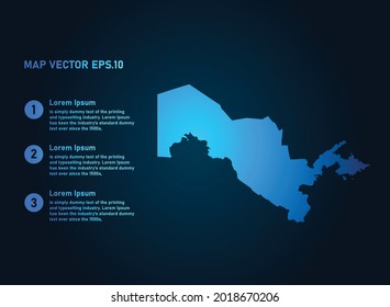 Uzbekistan map, infographic style , on dark background with Map World. Wire frame 3D mesh , map 3D,