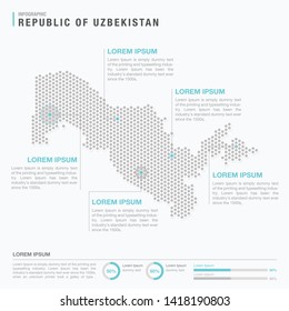 Uzbekistan map infographics with abstract pixelated dot pattern on white background. Stylized map concept with elementsl. - Vector illustration