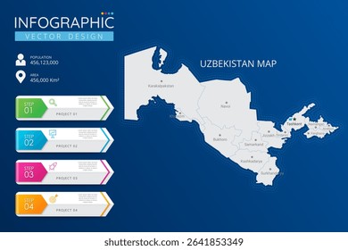 Uzbekistan map with location pointer marks. High detailed country map with division, cities and capital infographic template. Vector illustration EPS10