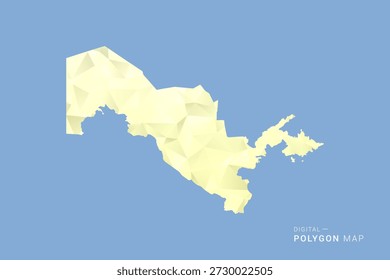 Mapa de Uzbekistán en estilo de Vector de polígono de polietileno bajo, ilustración de forma geométrica con tonos amarillos suaves sobre fondo azul, silueta limpia para infografía.