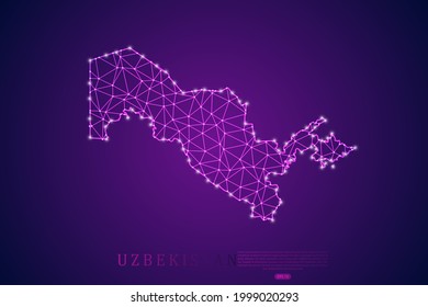 Línea de puré de mapas de Uzbekistán y escalas de puntos sobre fondo de tecnología morada. Malla 3D del marco de cables línea de red poligonal, esfera de diseño, punto y estructura - Ilustración vectorial eps 10