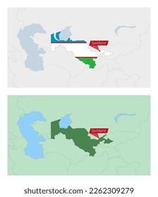 Uzbekistan map with pin of country capital. Two types of Uzbekistan map with neighboring countries. Vector template.