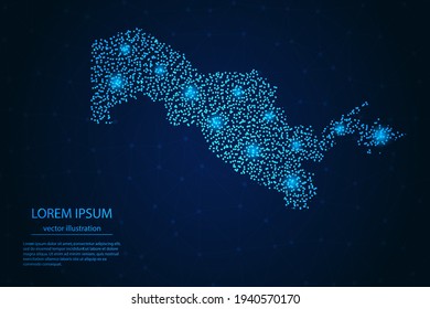 Uzbekistan map from point blue and glowing stars on a dark background. Vector eps 10.