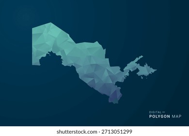 Mapa de Uzbekistán - Ilustración vectorial de estilo polígono con degradado azul azulado, diseño geométrico de bajo poli, inspirado en la Tecnología digital y silueta limpia sobre fondo oscuro.