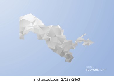 Mapa de Uzbekistán - Ilustración vectorial de estilo polígono en gris, blanco y azul, diseño geométrico de bajo poli, silueta mínima, adecuada para infografía y diseño moderno.