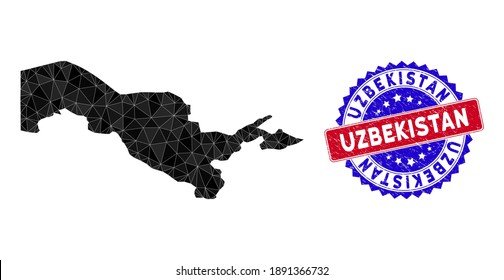 Uzbekistan map polygonal mesh with filled triangles, and unclean bicolor stamp seal. Triangle mosaic Uzbekistan map with mesh vector model, triangles have variable sizes, and positions,