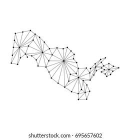 Uzbekistan map of polygonal mosaic lines network, rays and dots vector illustration.