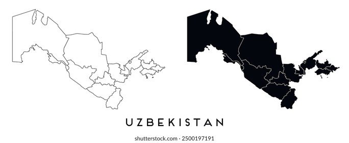 Uzbekistan map of regions districts vector black on white and outline