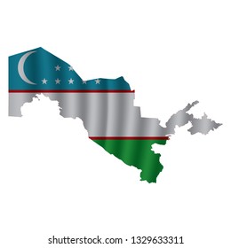 Uzbekistan map with rippled flag on white illustration. Waving Fabric Flag Map of Uzbekistan. Map of Asia. Vector White Background. Vector illustration eps10.