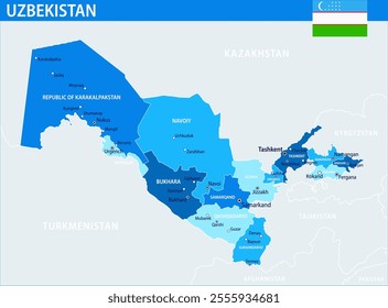 Uzbekistan Map Vector Blue Spot - Customizable layered political map of Uzbekistan with administrative divisions for website, education, reports, news, politics, print, poster and wallpaper