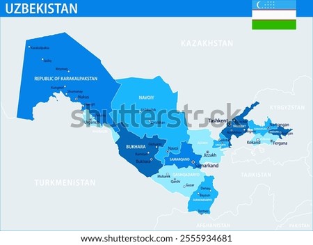 Uzbekistan Map Vector Blue Spot - Customizable layered political map of Uzbekistan with administrative divisions for website, education, reports, news, politics, print, poster and wallpaper