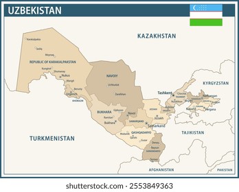 Uzbekistan Map Vector Vintage Dark Blue Beige - Customizable layered political map of Uzbekistan with administrative divisions for website, education, reports, news, politics, print, poster and wallpa