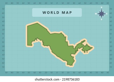 Usbekistan Karte - Weltkarte Internationale Vektorvorlage Hoch detailliert mit grün und cremefarben einzeln auf blauem Hintergrund einschließlich Compass Rose Symbol - Vektorgrafik eps10