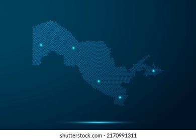 Uzbekistan Map - World Map vector template with dots, grid, grunge, halftone style and light, network line, design sphere on blue technology background -  Vector illustration eps 10
