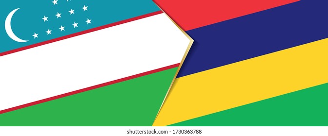 Uzbekistan and Mauritius flags, two vector flags symbol of relationship or confrontation.