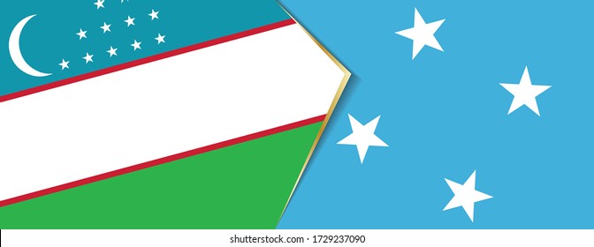 Usbekistan und Mikronesien Flaggen, zwei Vektorfahnen Symbol für Beziehung oder Konfrontation.