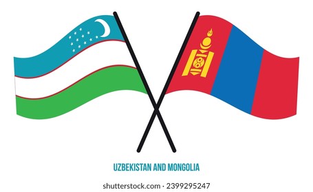 Uzbekistan and Mongolia Flags Crossed And Waving Flat Style. Official Proportion. Correct Colors.